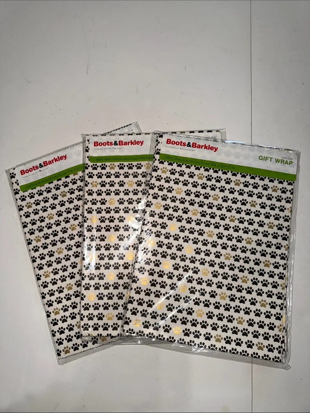 Boots & Barkley Black, Gold and White Paw Print Gift Wrap Sheets Set of 3